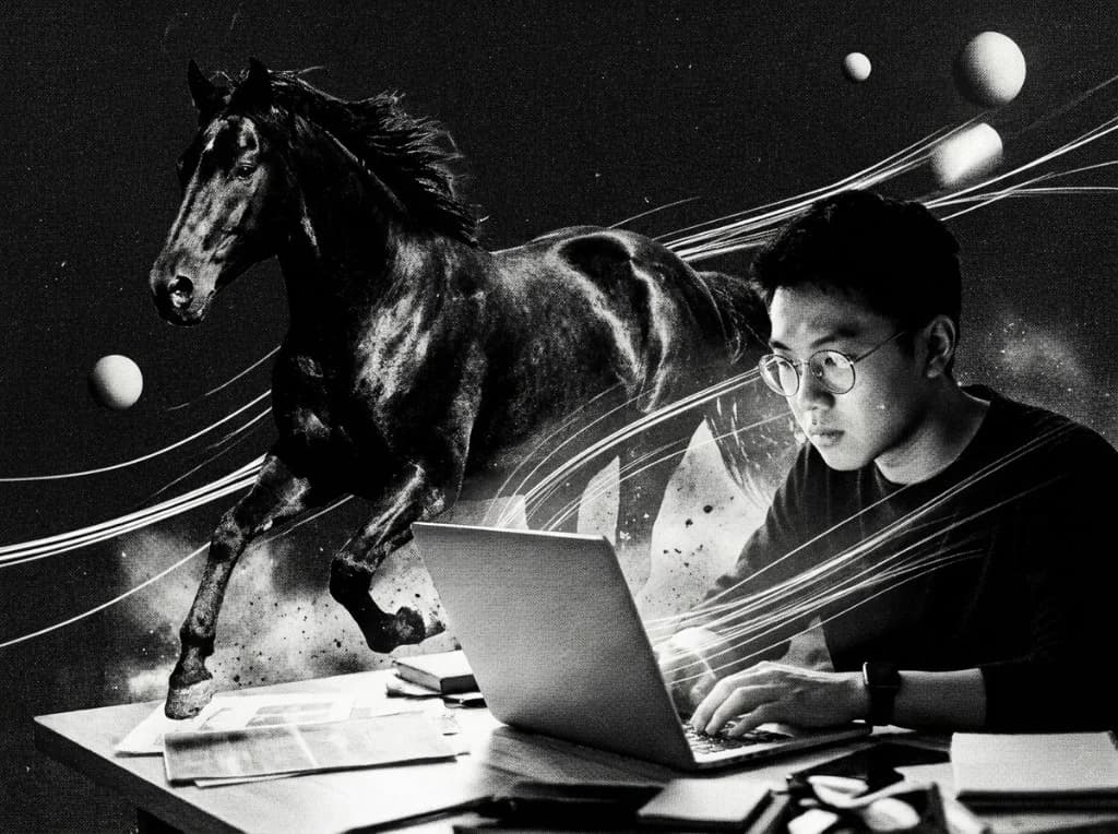 Developer at a laptop with a galloping horse symbolizing persistent AI coding agent behavior, GLM 5.2 system prompt