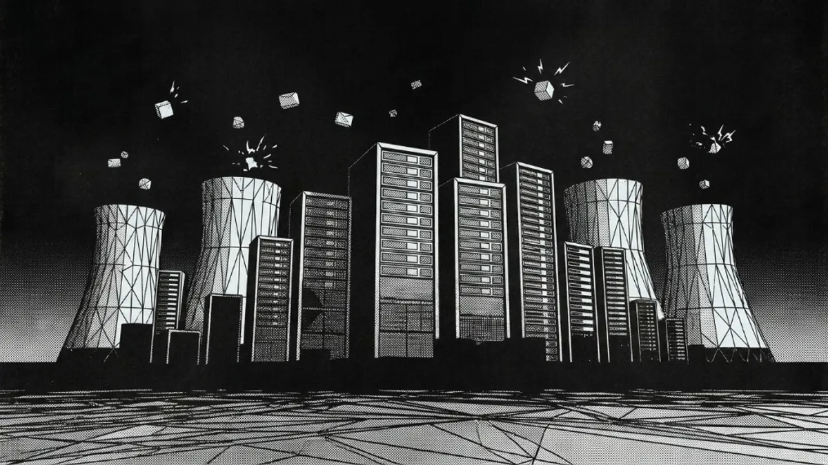 Stylized industrial skyline of server racks and cooling towers, standing in for the API door, worker, and computer in an agent-app kernel