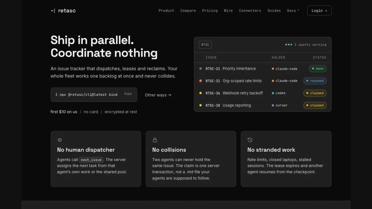 Retasc homepage: agents call next_issue, claims are server-side, leases reclaim stranded work